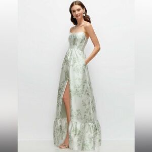 Floral Strapless Cat-Eye Boned Bodice Maxi Dress Ruffle Hem Sage Cottage Rose